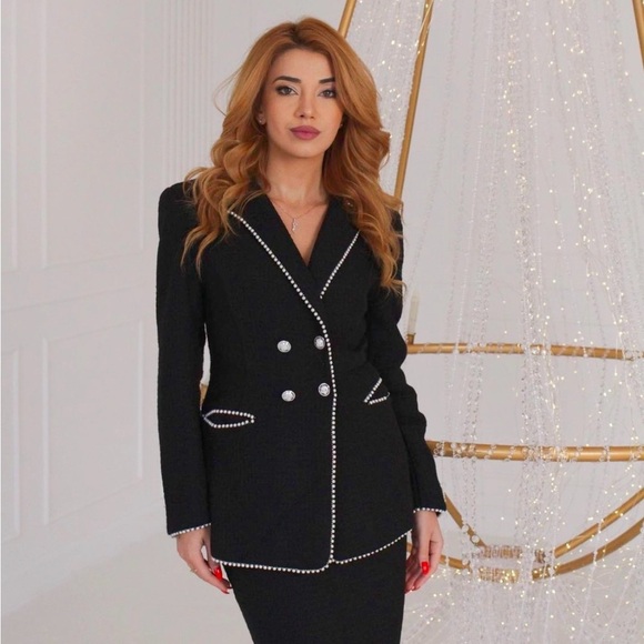 Stylewe set Elegant Black Women's Blazer with Pearl Accents and skirt - Picture 1 of 2